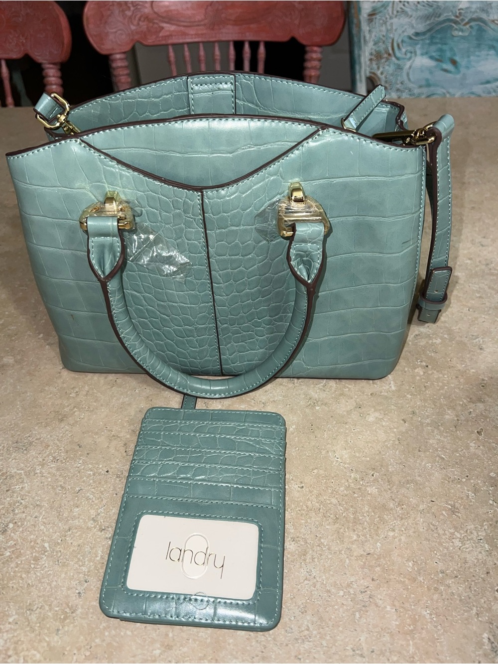 Kate Landry Mint Green Croc-Embossed Satchel with Gold Hardware